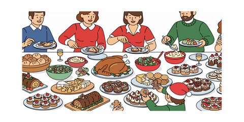 A lively flat vector illustration featuring a scene of a large family dining table filled with traditional dishes for Christmas, Thanksgiving, or any big event.