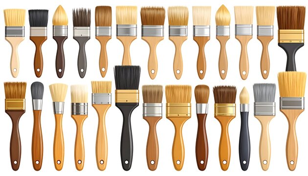 Array of paintbrushes with varied bristles and handles arranged in two rows against a white background