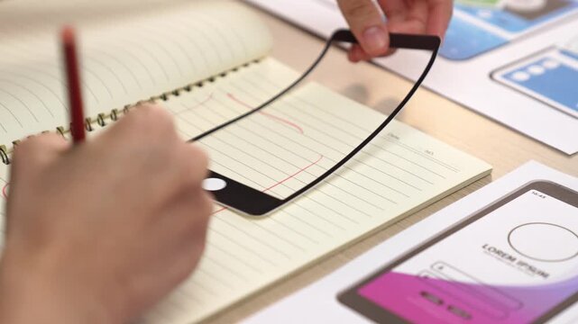 Startup company employee planning for user interface prototype for mobile application or website in office with model of program on desk. UX UI designer consider user friendly interface plan. Synergic
