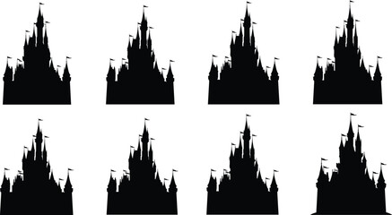Naklejka premium Set of Eight Fantasy Castle Silhouettes with Towers and Flags, Ideal for Fairytale Designs, Logos, Magical Themes, and Royal Entertainment Branding Projects.