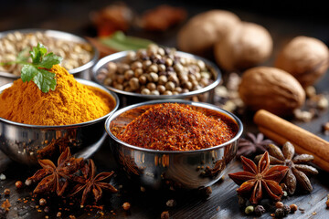 Assortment of colorful spices in metal bowls