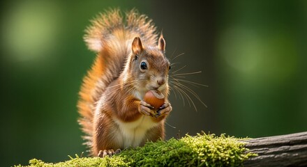 Adorable red squirrel enjoying a hazelnut snack on a mossy log in the forest, perfect for nature lovers and wildlife enthusiasts seeking charming visuals