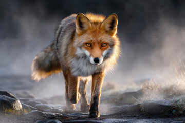 Obraz premium Majestic red fox walking through misty landscape at dawn near forested area