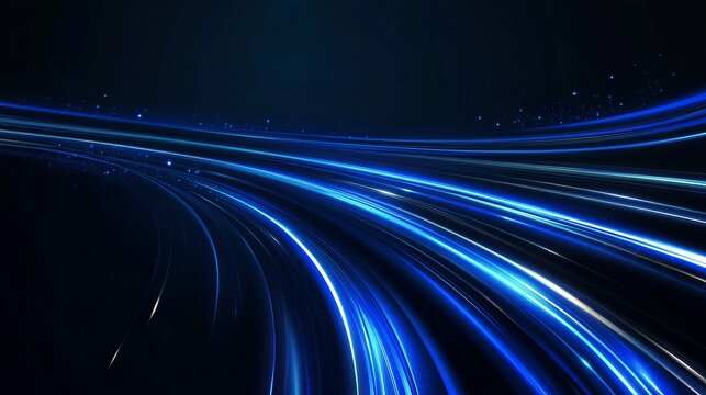Stunning blue light trails on dark background for futuristic tech, speed or digital transformation concepts, perfect for modern design projects