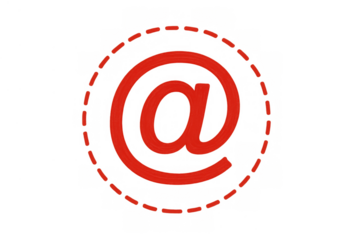 Red hand-drawn at sign symbol inside a dashed circle representing email, internet communication, or social media