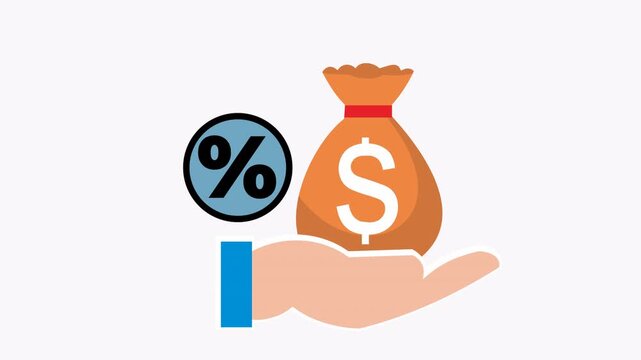 Hand holds a bag of money with a percentage sign, ideal for finance and investment concepts in business presentations.