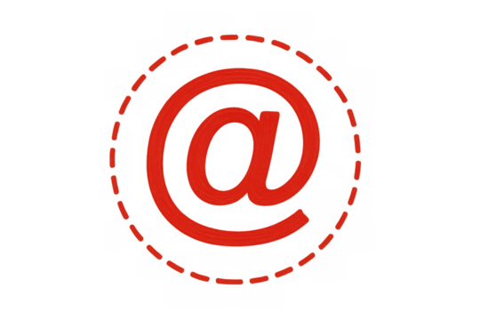 Red hand-drawn at sign symbol inside a dashed circle representing email, internet communication, or social media