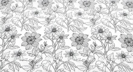 Fototapeta premium Black and White Floral Line Fabric Pattern 