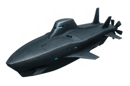 Futuristic grey submarine navigating deep ocean, advanced stealth technology, modern military naval vessel diving for exploration