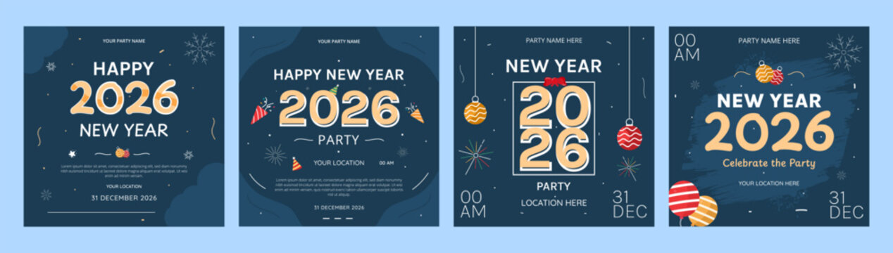 Elegant happy new year 2026 social media post party invitation set, festive holiday celebration templates with decorations, fireworks and modern typography