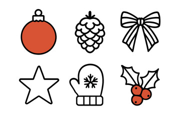Winter Holiday Icons. Seasonal Simplicity linear icon set : red bauble, frosted pinecone, striped ribbon, white star, cozy mitten, holly berry