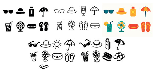 Summer icons collection: sunglasses, hat, umbrella, drink