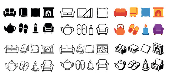 Sofa and teapot icon set in various styles