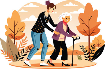 Assistant helping an elderly woman, flat illustration, vector illustration.