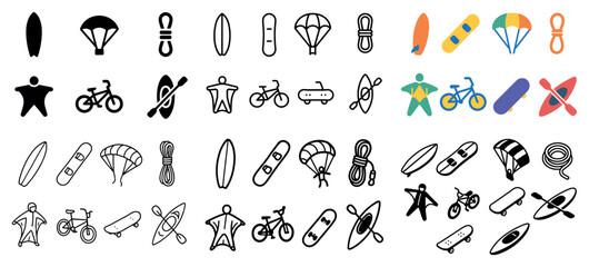 Naklejka premium Outdoor adventure icons: parachute, surfer, bicycle