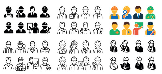 Worker icon set with diverse professions and tools