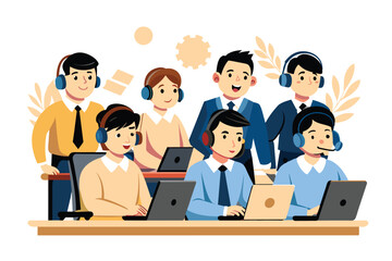 Customer service in call center, flat illustration, vector illustration.