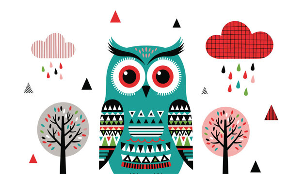 Stylized owl vector illustration with geometric patterns trees clouds and multicolored raindrops