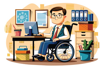 Male person with disability working in office, flat illustration, vector illustration.