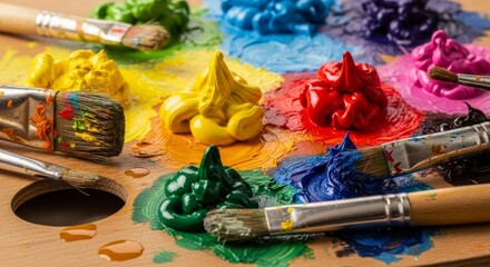 Fototapeta premium Colorful Paint Palette with Brushes for Artistic Creations.