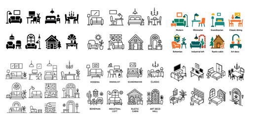 Icon set of interior design styles and furniture © Eric