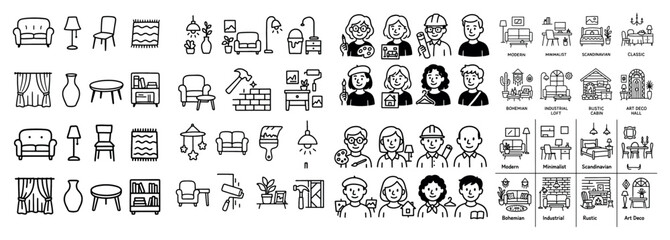 Obraz premium Furniture and interior design line icon set