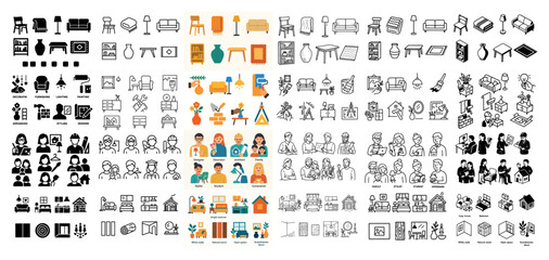 Diverse family icons and furniture illustrations