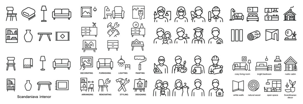 Scandinavian interior and avatar icon set