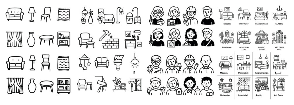 Furniture and interior design line icon set
