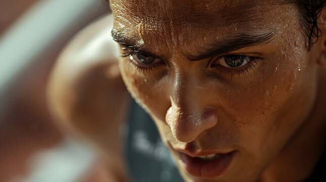 Extreme Closeup of a Sweaty Athlete's Face Showing Determination and Intensity During Workout