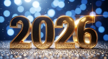 Golden 2026 numbers gleaming on a glittery background with bokeh lights