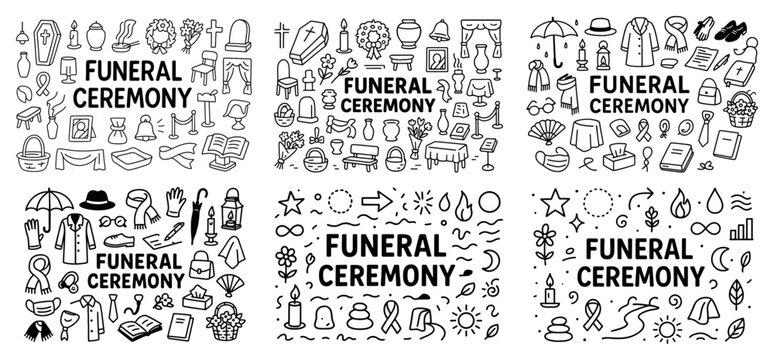 Funeral ceremony icons collection in black and white