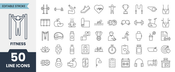 Fitness line icons set with editable stroke. Contains icons related to workout, exercise, health, wellness, muscle, sports and more. Vector illustration