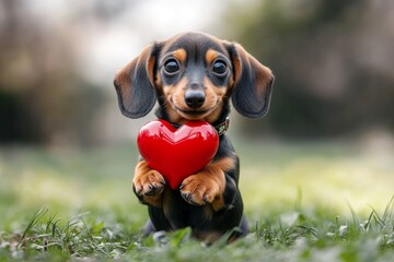 Dachshund - my treasured dog, symbol of friendship. Cute dachshund pooch with diamond red heart on a walk in a spring green space. Ad campaign critter creative artwork. Puppy love and cuddles.