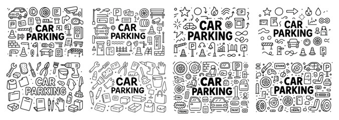 Car parking doodle set with various icons