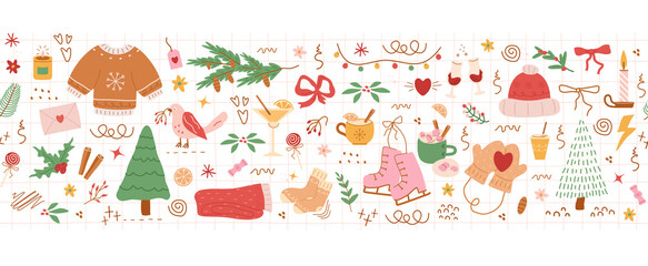 seamless pattern, cute illustration.  tree, stars, dots, snow, simple  design. hand drawn doodles are isolated. A trend concept for print, banner, social networks, poster. png art, retro vintage