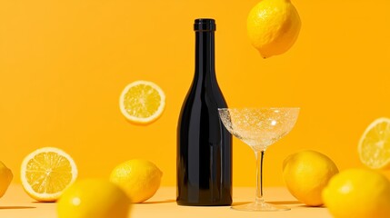 Sleek black bottle and elegant glass with levitating lemons on vibrant yellow background, showcasing a refreshing beverage concept with copy space for design
