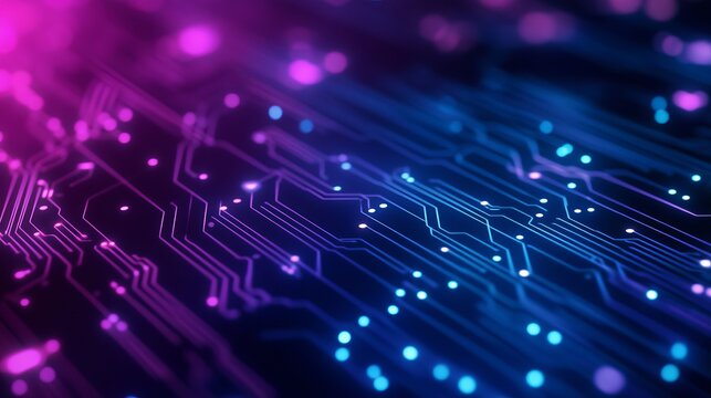Futuristic circuit board glowing with vibrant neon colors, perfect for technology backgrounds or modern digital designs with a sleek, high-tech look