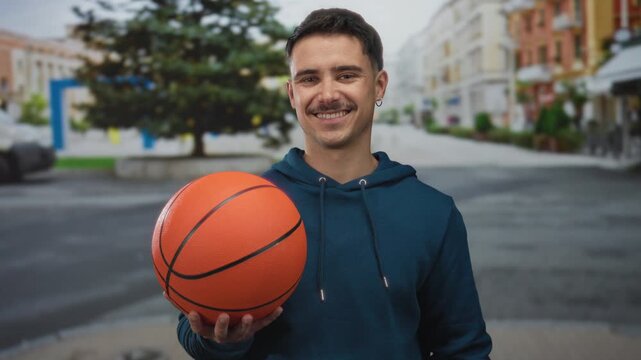 Young man holding basketball on city street in outdoor setting, showcasing urban lifestyle and sports passion.
