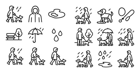 Fototapeta premium Rainy Dog Walking Icons
