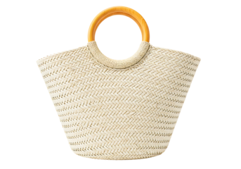Woven straw tote bag with round wooden handle isolated on transparent background