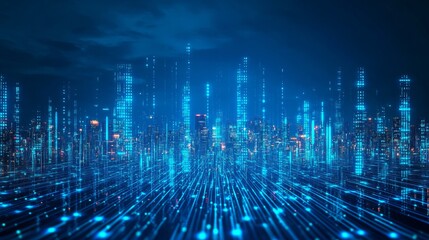 Experience the pulse of a vibrant futuristic city with luminous digital data streams connecting the skyline, perfect for tech and innovation concepts
