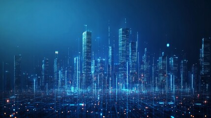 Futuristic city skyline with glowing digital network, ideal for tech innovation or cutting-edge business presentations, offering a modern and dynamic vibe