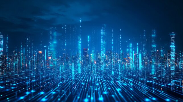 Experience the pulse of a vibrant futuristic city with luminous digital data streams connecting the skyline, perfect for tech and innovation concepts