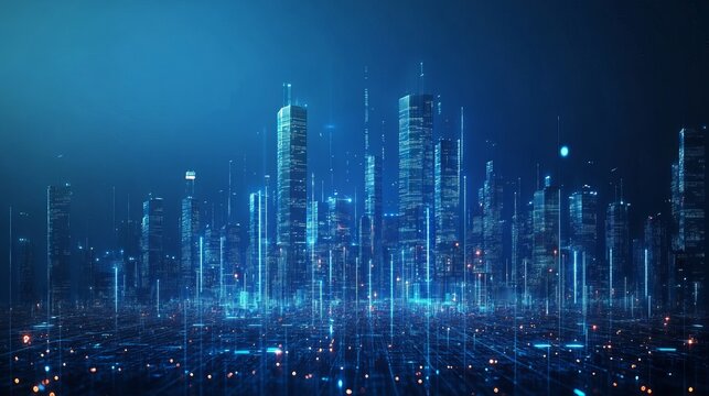 Futuristic city skyline with glowing digital network, ideal for tech innovation or cutting-edge business presentations, offering a modern and dynamic vibe