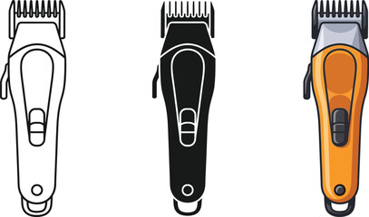 Electric hair clippers grooming tool for cutting and trimming hair vector illustration icons, silhouette 