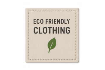 Eco friendly clothing label presenting a green leaf symbol for sustainable fashion and textile products with a transparent background