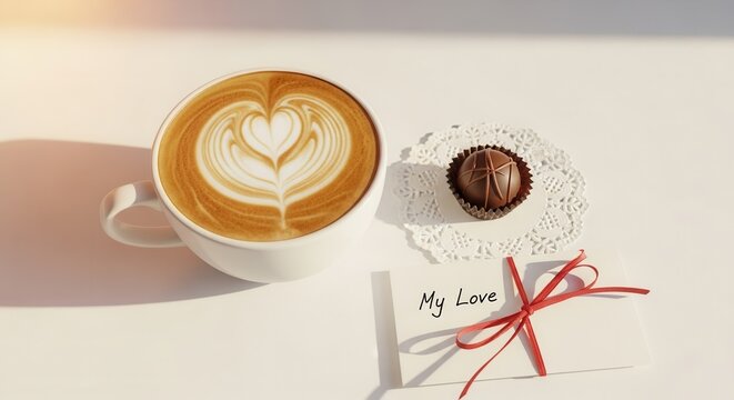 Cup of coffee with heart latte art, accompanied by a chocolate and a card saying "My Love," creating a warm romantic atmosphere, with copy space