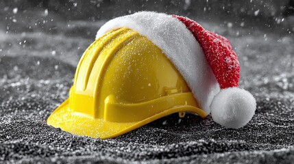 Naklejka premium Festive safety! A yellow construction hard hat is adorned with a Santa hat, dusted with snow against a gray background, offering a unique seasonal twist and holiday cheer.