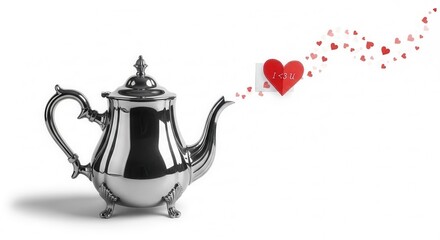 Shiny silver teapot with steam forming hearts and the message "I <3 U," symbolizing love and warmth, with copy space